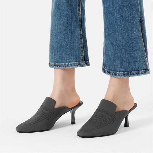 Knitted Upper Kitten Low Heel Mules - DARK GREY KNITTING - 1